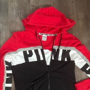PINK Victoria's Secret Red and Black Zip-Up Hoodie like new